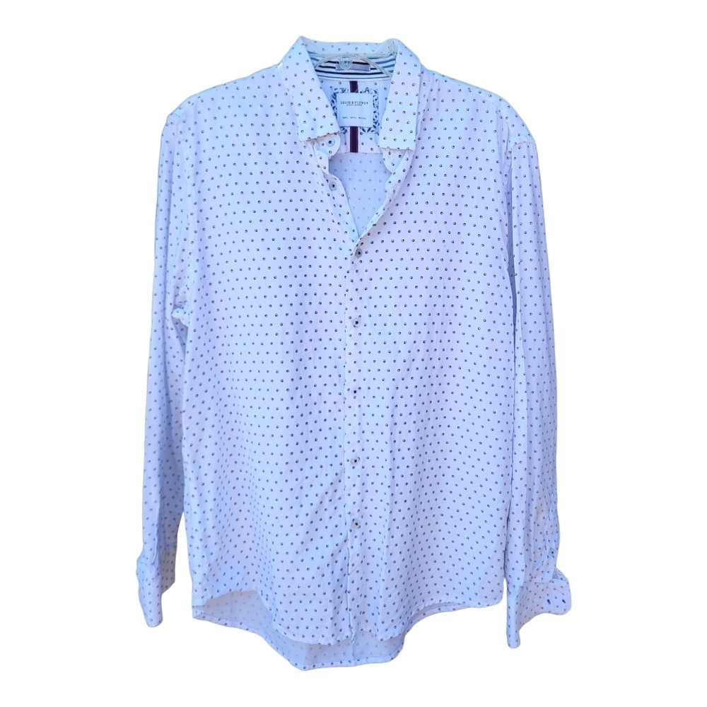 Denim & Flower Ricky Singh White Red Blue Pindot Cotton Button-Down Shirt - Sz L